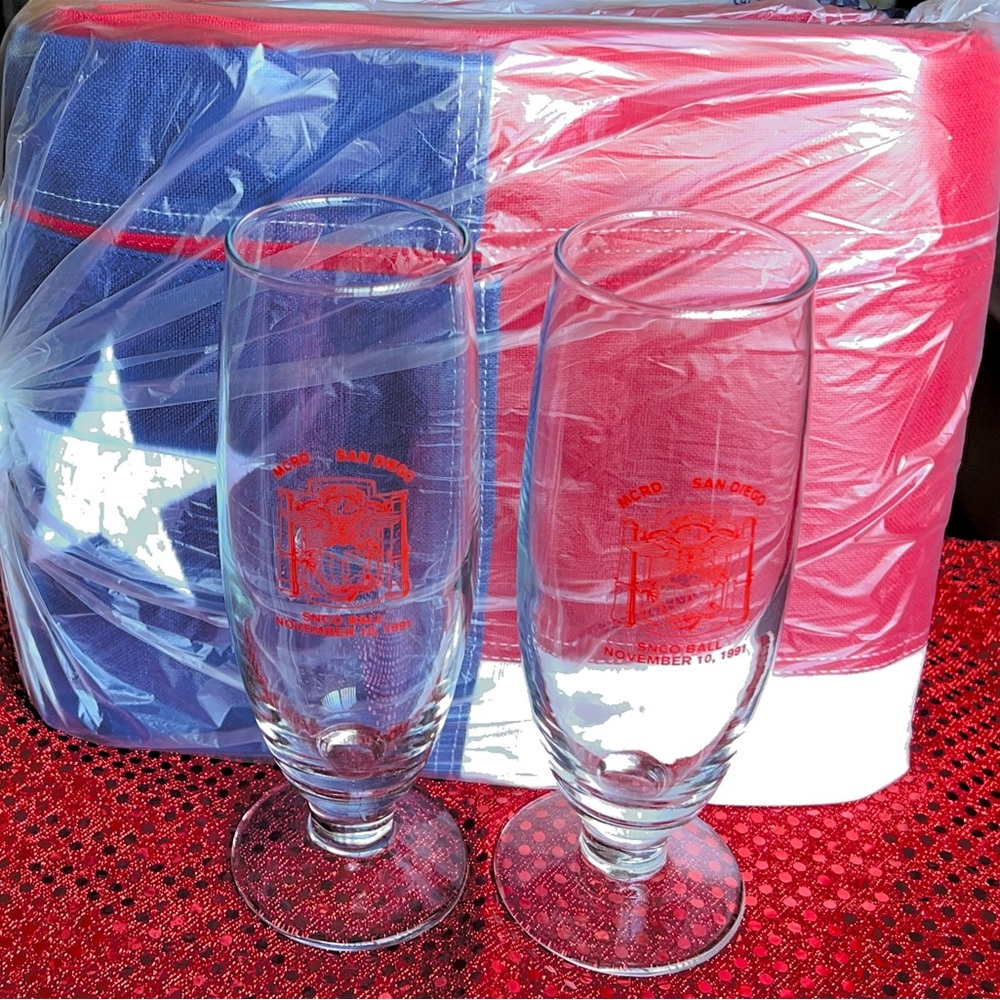 Rare 1991 SNCO Ball Champagne Flutes + Unused Full Size Military Coffin Flag